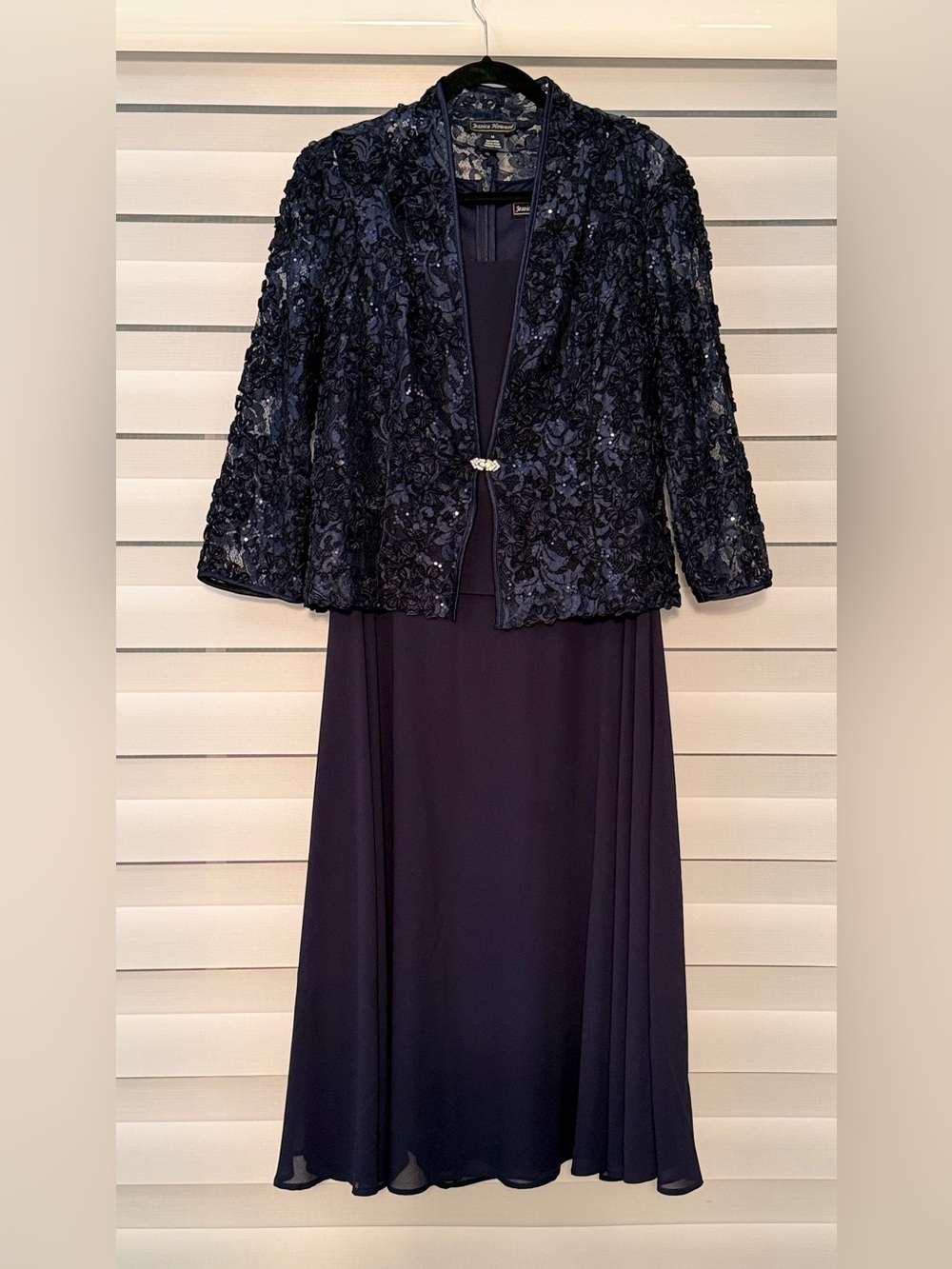 Jessica Howard Navy Sequin Lace Jacket Dress Set Size 14 NWT